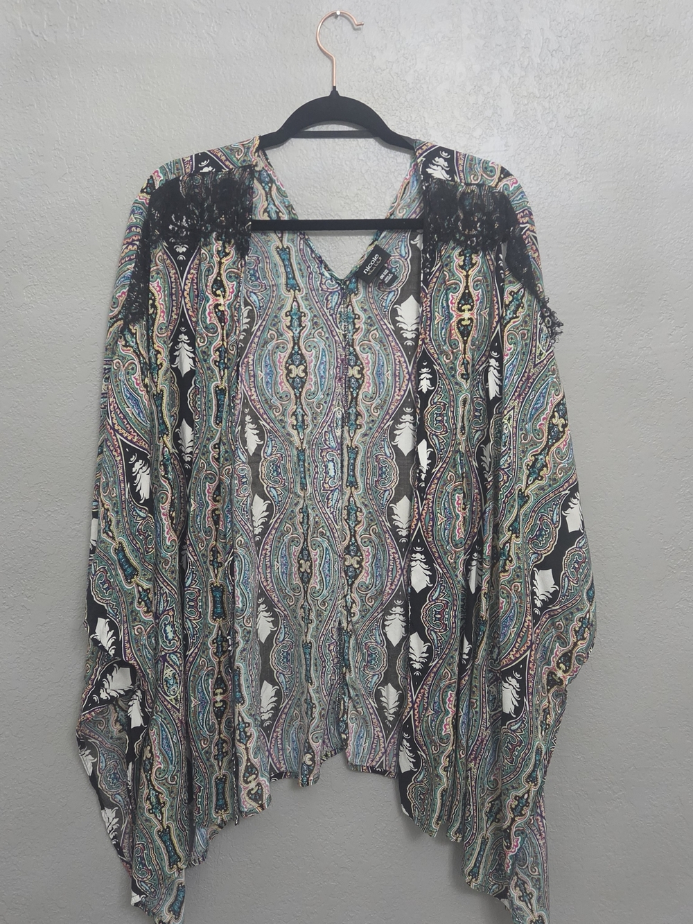 Nicole by Nicole Miller Multicolor Paisley Fringe Kimono - Black, Teal, Pink